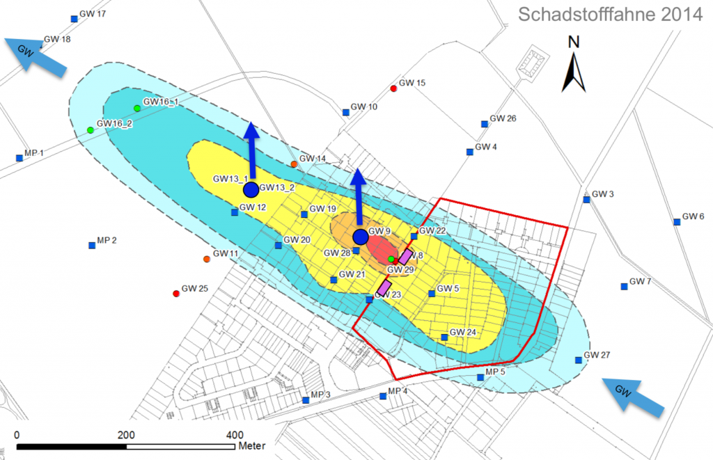 Ausdehnung der Schadstofffahne. Zu sehen auch die Brunnen und Messstellen. (Quelle: HIM)